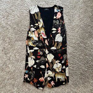 Etro Black Floral Tiger Print Sleeveless Silk Tunic Blouse Size IT48/US12